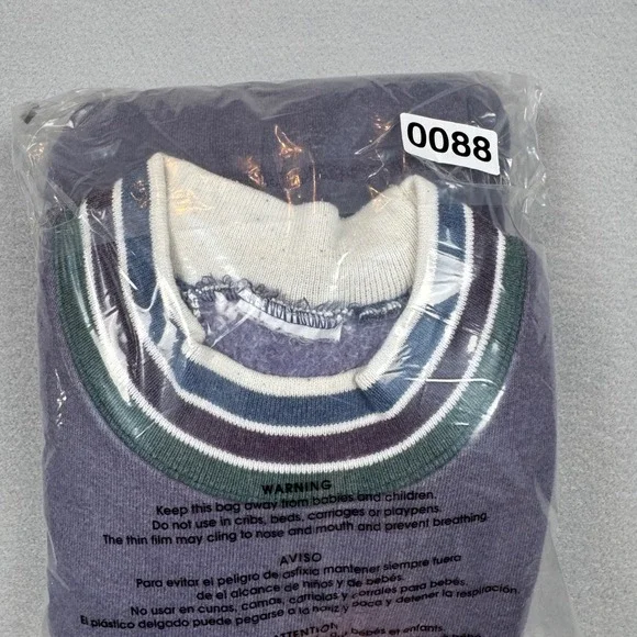 Vintage Purple Striped Trim Crewneck Sweatshirt Retro Pullover Cut Tag (Medium) - Picture 9 of 9